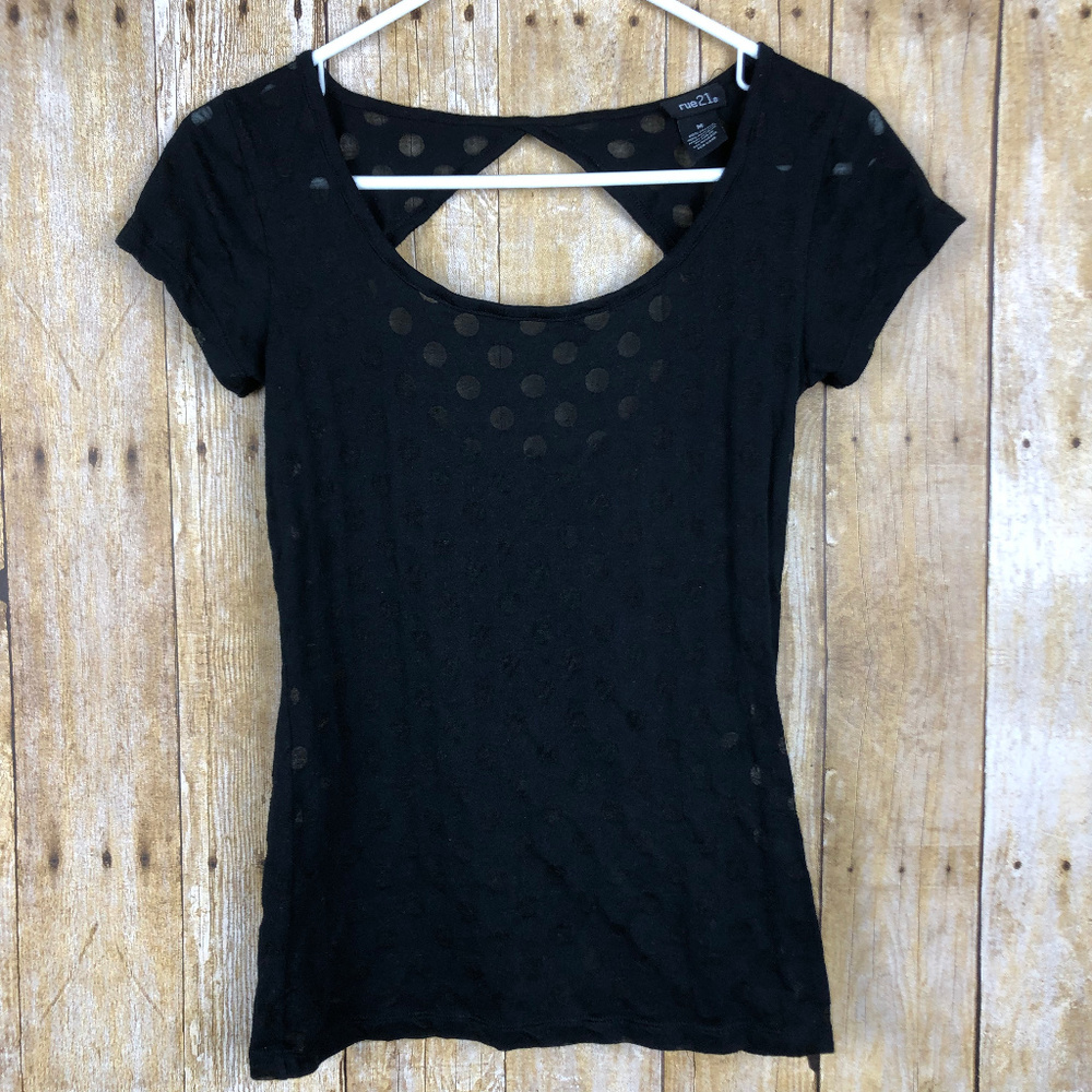 Rue 21 Black Polka Dot Sheer Key Hole T-Shirt
